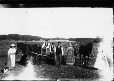 4 män och 3 kvinnor stående på gärde med hästar och redskap.
Nyckelord: Häst Högaffel Jordbruksmaskin