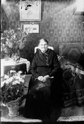 Kvinna sittande i rum.
Nyckelord: Blommor Tapet