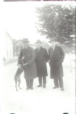 3 män med hund stående på gata.
Nyckelord: Hund Stadsvy Vinter