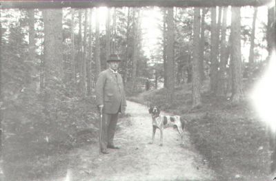 Man stående med hund på skogsväg.
Nyckelord: Hund Käpp Stig Skog