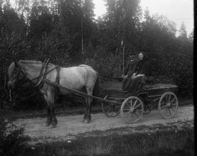 Man och kvinna sittande i hästvagn 
Nyckelord: Häst Vagn