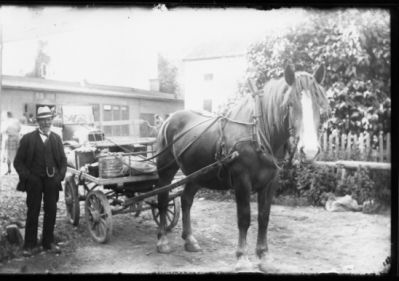 Man stående bredvid hästekipage.
Nyckelord: Häst Vagn Klockkedja