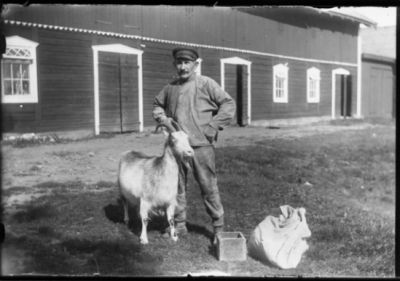 Man stående med get på ladugårdsplan.
Nyckelord: Get