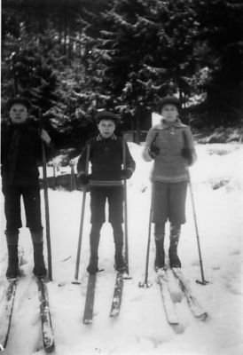 3 barn stående på skidor.
Nyckelord: Skog Vinter