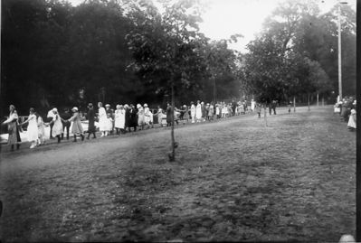 Ett antal personer dansande ringdans.
