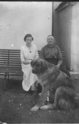 Man och kvinna sittande på parkbänk med hund sittande framför.
Nyckelord: Hund Parkbänk Vägg Byggnad