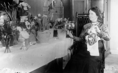 Kvinna sittande vid bord med blommor.
Nyckelord: Födelsedag Blommor Fågelbur