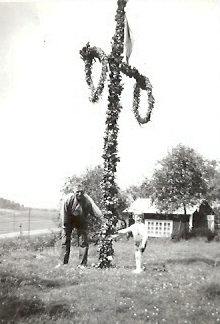 Man och pojke stående vid midsommarstång
Nyckelord: Midsommarstång Majstång