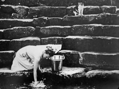 Kvinna som tvättar i vattendrag
Nyckelord: Tvätt;Katt