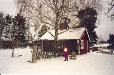 Tomte med släde vid liten röd stuga
