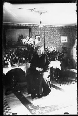 Kvinna sittande i rum med blommor.
Keywords: Blommor Tavla Lampa