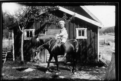 Pojke sittande på häst framför uthus.
Nyckelord: Häst