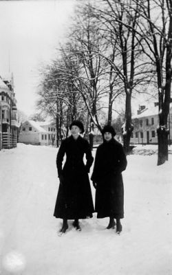 2 kvinnor stående på gata i snön.
Nyckelord: Vattendrag Vinter