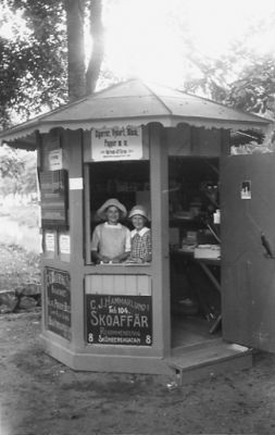 2 flickor stående i kiosk.
Nyckelord: Reklamskylt