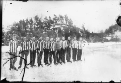 11 män med bandyklubbor och skridskor stående på is.
Nyckelord: Vinter
