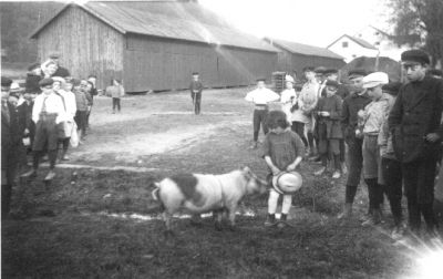 Ett antal personer och 1 gris samlade framför ekonomibyggnad.
Nyckelord: Gris Loge