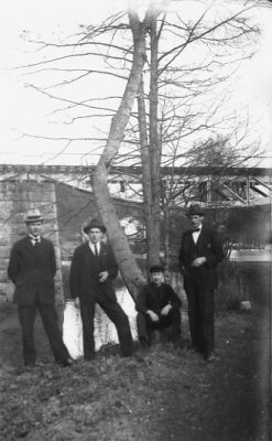 3 män stående och 1 sittande framför träd.
Nyckelord: Träd