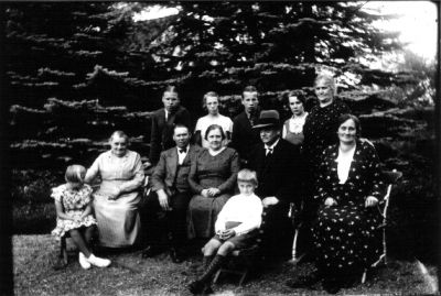 Ett antal personer stående eller sittande framför granar.
