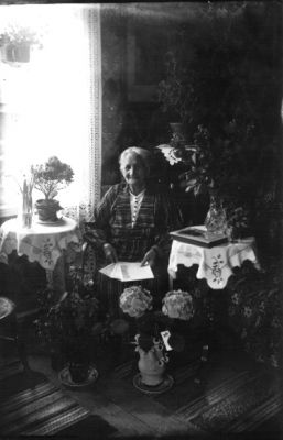 Kvinna sittande i rum med blommor.
Nyckelord: Blommor Pedistal